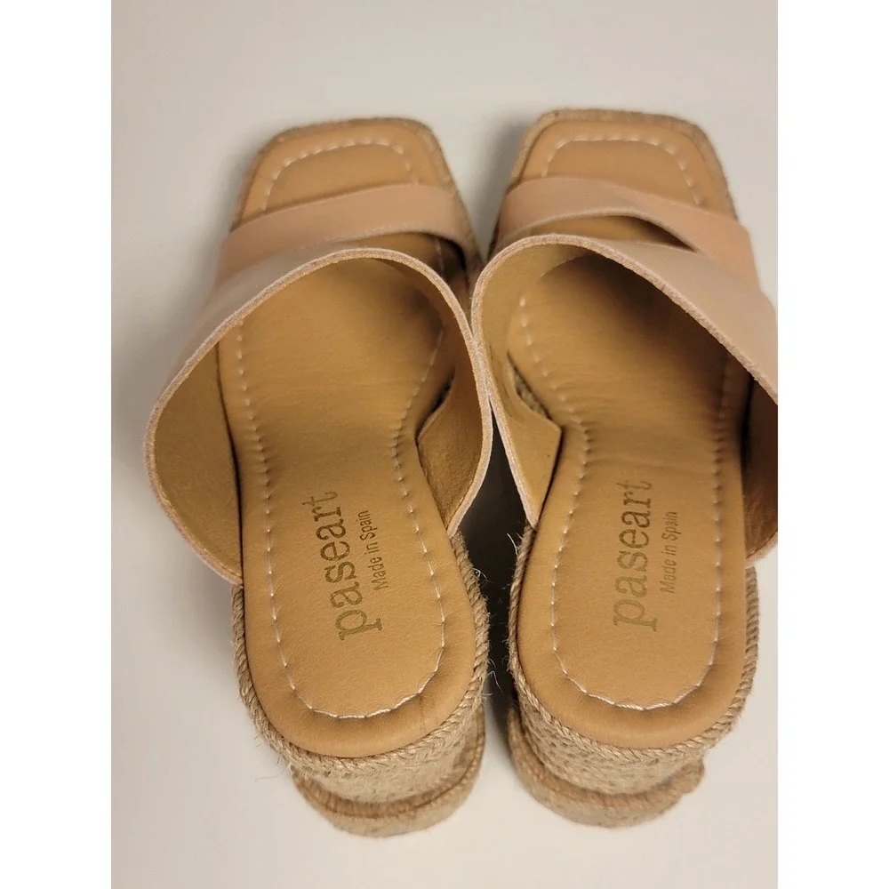 Paseart Made in Spain Nude Leather Espadrille Wedge Sandals Square Toe Slides
